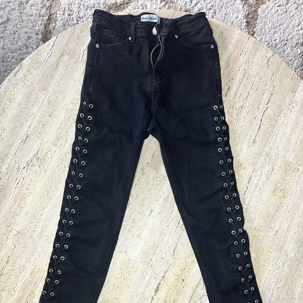 Studio Pasha Size 36 Israeli Black Denim Jeans w/ Side Laces